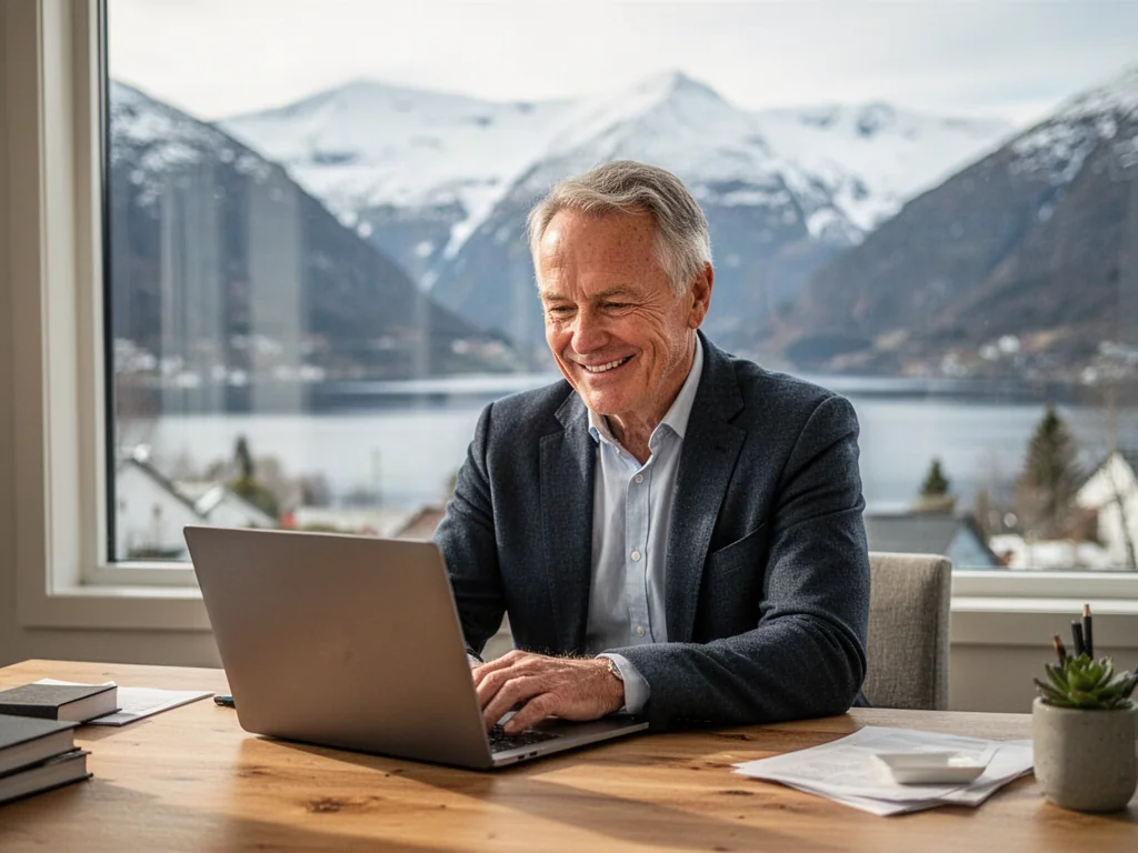 Zadowolony mężczyzna w nowoczesnym biurze z widokiem na norweskie fiordy, sprawdzający informacje o emeryturze na laptopie.
