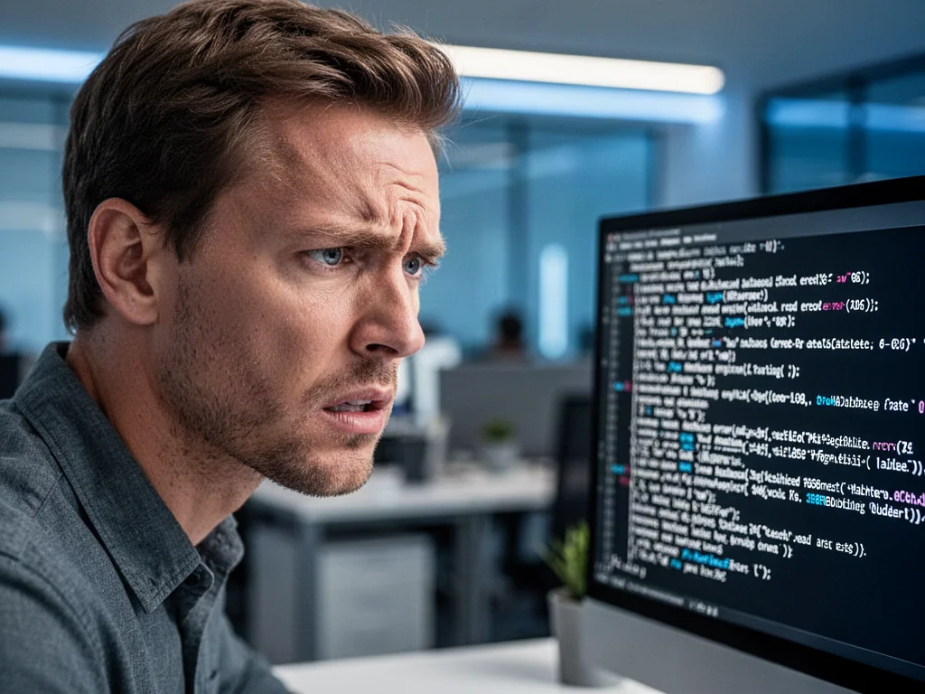 Zirytowany mężczyzna przed monitorem z błędem bazy danych w biurowym otoczeniu.