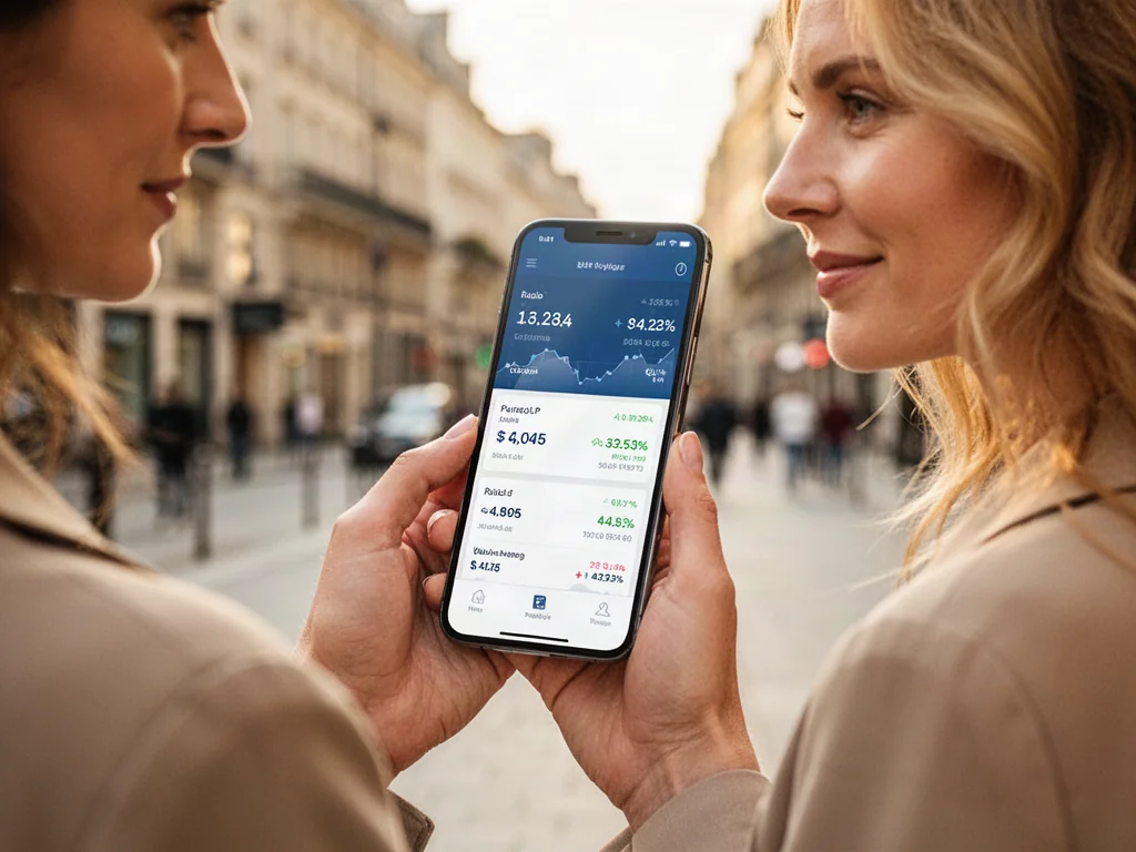 Kobieta trzymająca smartfon z aplikacją do przeliczania walut na tle europejskiego miasta.